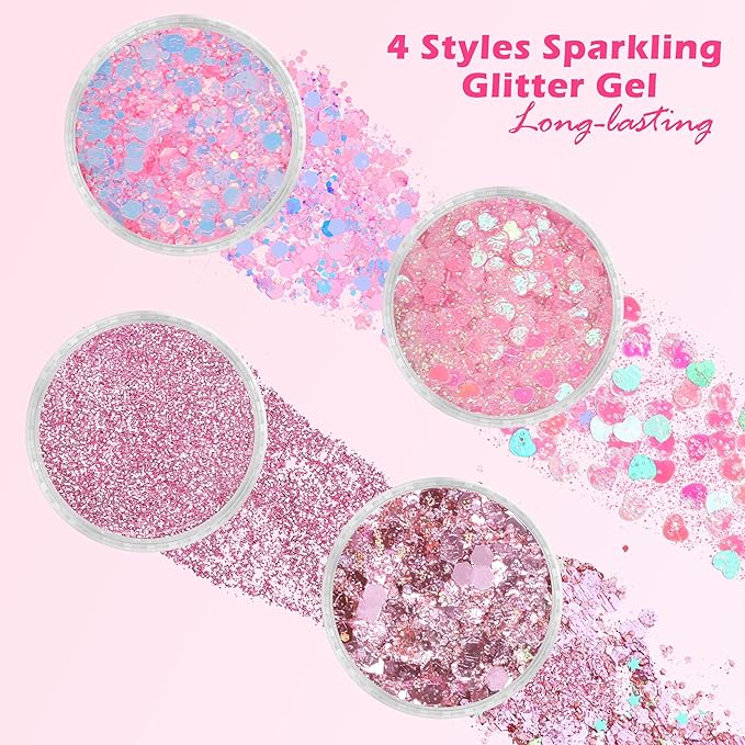 Pink Face Glitter Gel,10g/pc 4 Styles Body Glitter Mermaid Costume for Kids,Singer Concert Outfit for Women,Sparkling Hair Glitter Makeup Rave Festival Accessories,40g/1.41 oz