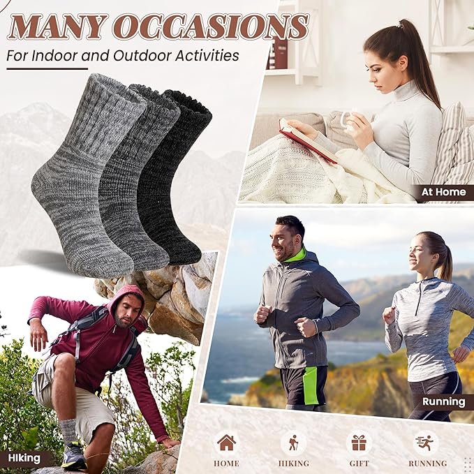 Merino Wool Boot Socks Thermal Winter Ski Thick Warm Hiking Socks for Women Men 3 Pairs