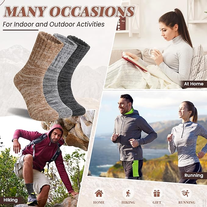 Merino Wool Boot Socks Thermal Winter Ski Thick Warm Hiking Socks for Women Men 3 Pairs