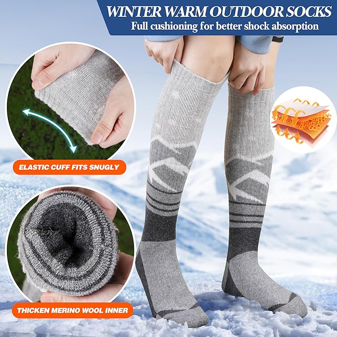 3 Pairs Merino Wool Ski Socks Thermal Warm Winter Thick Knee High Snowboarding Skiing Socks for Women Men