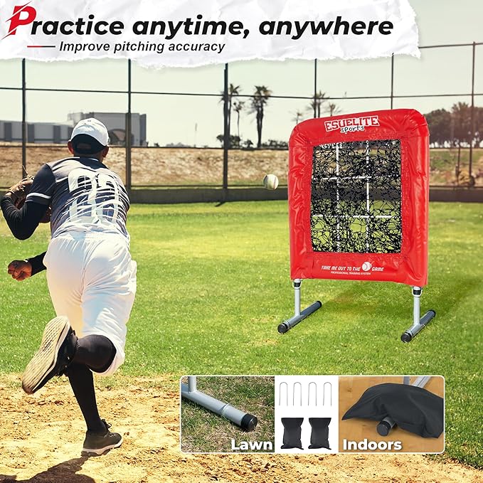 Heavy-Duty 9 Hole Pro Style Baseball & Softball Pitching Net with Strike Zone Target - Adjustable Portable Design for Training, Includes 4 Stakes & 2 Sandbags