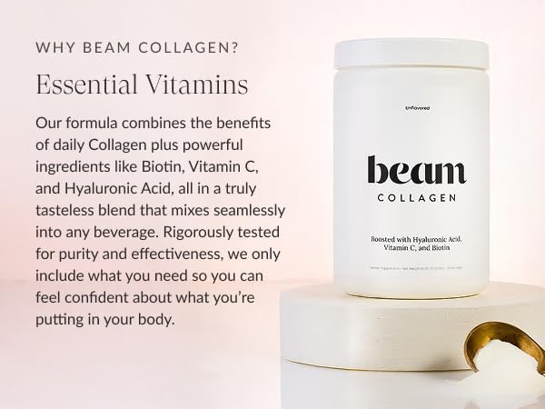 Beam Collagen Powder, Collagen for Women, Collagen with Hyaluronic Acid, Collagen Peptides Type 1 and 3, with Biotin, Grass Fed Bovine, Third-Party Tested, Best for Coffee, Vitamin C, 30 Servings