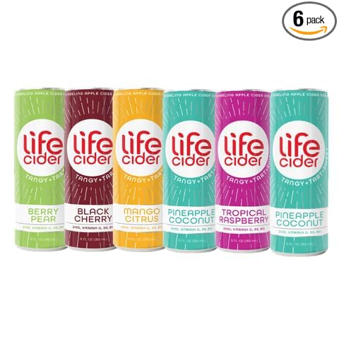 Life Cider | 6 Pack (12 Fl Oz) | Variety Pack | Sparkling Apple Cider Vinegar Beverage | Low Calorie & Low Carb Drinks | Vitamin C, D3, Zinc, B12