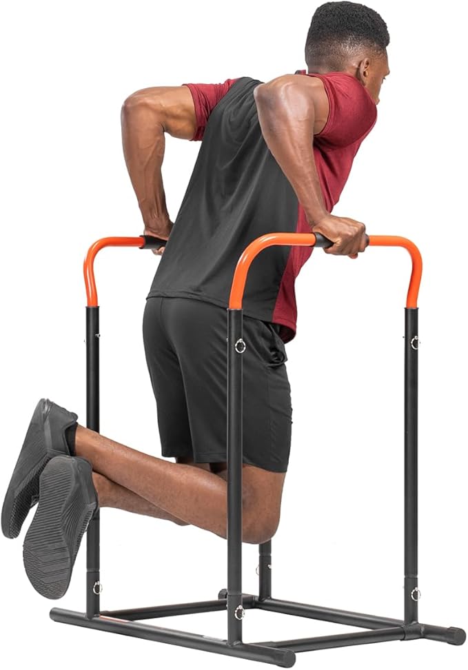 Sunny Health & Fitness Power Tower, Dip Bar, Push-Up & Pull Up Assisting Parallette Station w Optional Rock Climbing Grip Trainer