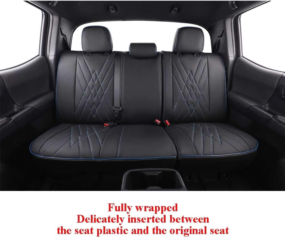 EKR Custom Fit Tacoma Car Seat Covers for Select Toyota Tacoma 2016 2017 2018 2019 2020 2021 2022 2023 Double Cab/Crew Cab -Full Set,Leather (Black with Blue Trim)
