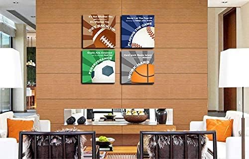 KaiLeFu-Colorful Sports Inspirational Quotes Framed Canvas Wall Art -Motivational Basketball Baseball Soccer Football Quotes Sport Art Wall Decor for Kids Boys Room Classroom -12"x12"x4pcs
