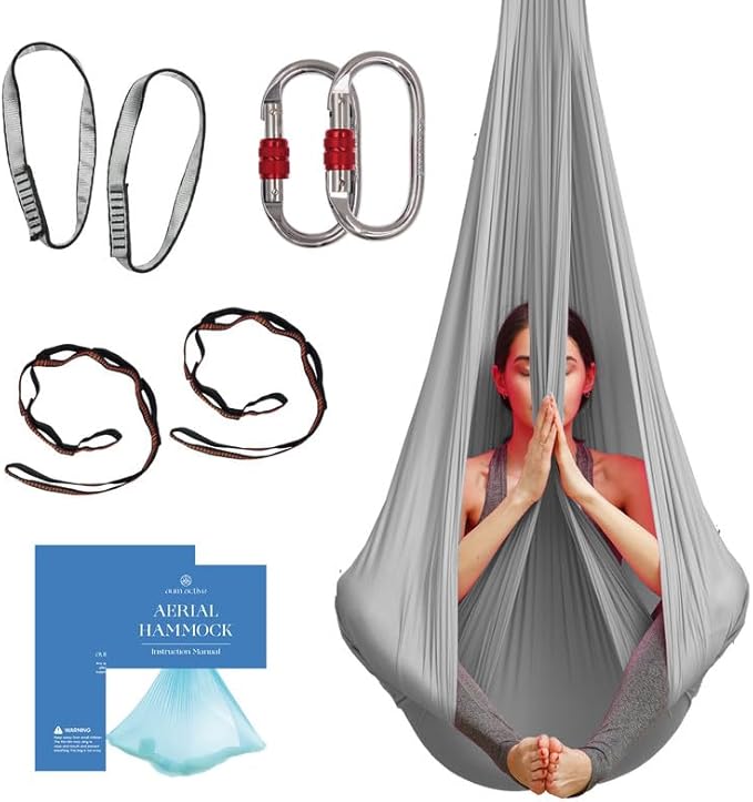 Aerial Silk Yoga Hammock & Swing for Home, Inversion Exercises, Starter Kit for All Levels - Durable with Extension Straps, Carabiners, and Pose Guide