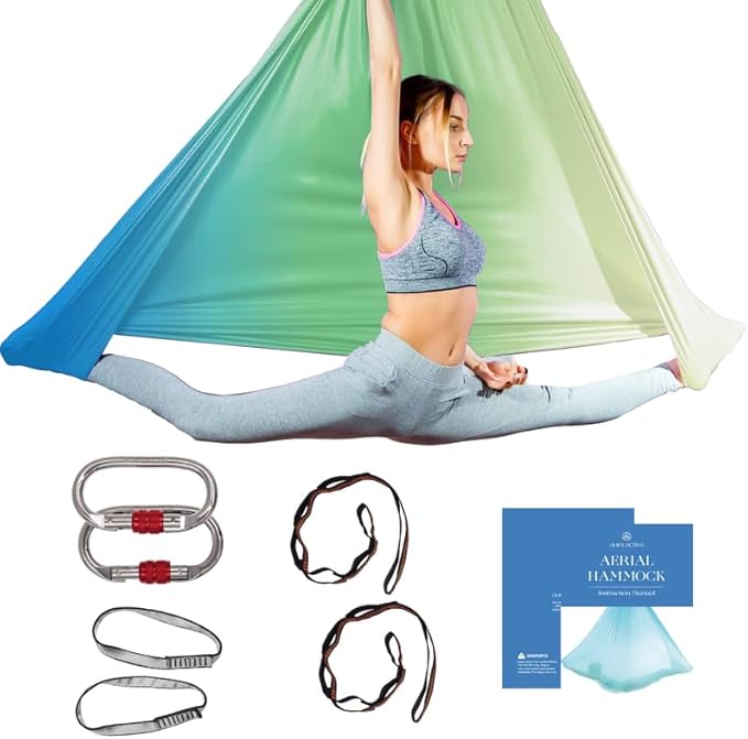 Aerial Silk Yoga Hammock & Swing for Home, Inversion Exercises, Starter Kit for All Levels - Durable with Extension Straps, Carabiners, and Pose Guide