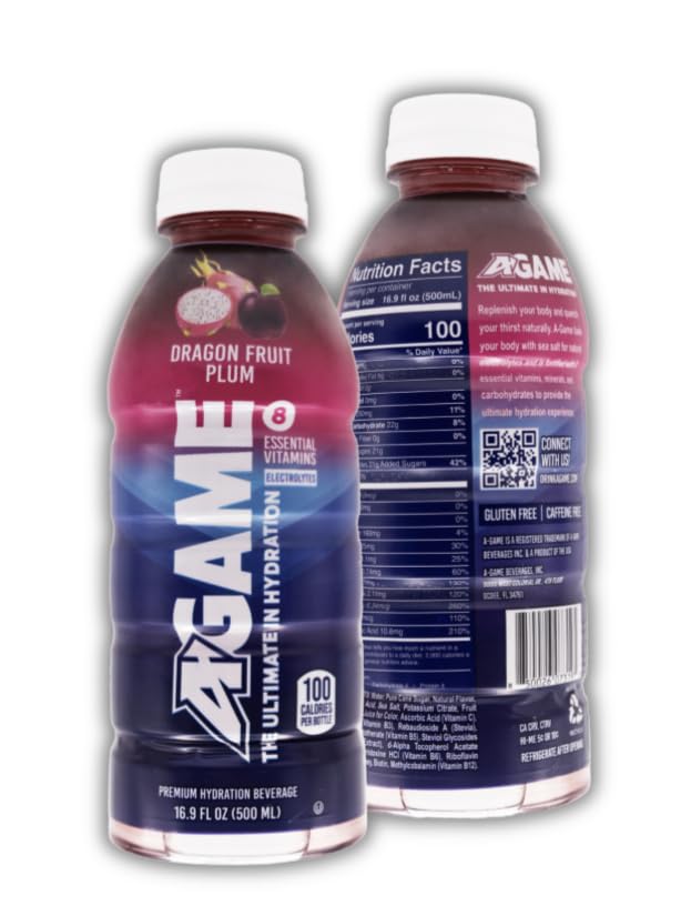 A-GAME Sports Drink, Dragon Fruit Plum, The Ultimate Hydration Sports Beverage for Athletes, 8 Essential Vitamins including B, C, & E plus Natural Sea Salt Electrolytes, All Natural Flavors & Sweeteners, Gluten Free, 16.9 Fl Oz (Pack of 12)