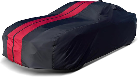 iCarCover Custom Car Cover for Pontiac Tempest 4-Door (1968-1970) Waterproof All-Weather Rain Snow UV Sun Protector Full Exterior Indoor Outdoor Car Cover (Stripe - Black/Red)