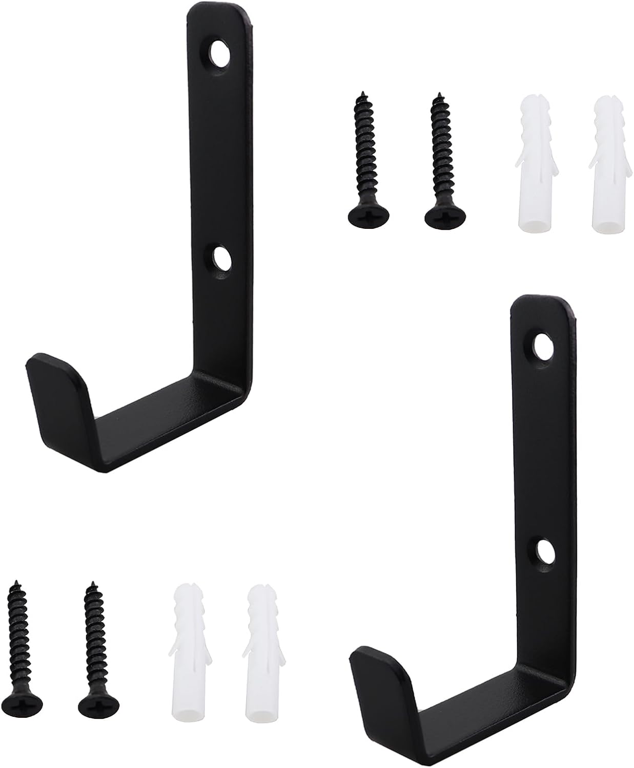2PCS 82.5x45.5mm Black Metal Wall Mounted 2 Holes J Hook with Screws for Hanging Hat/Clothing/Objects