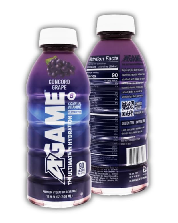 A-GAME Sports Drink, Concord Grape, The Ultimate Hydration Sports Beverage for Athletes, 8 Essential Vitamins including B, C, & E plus Natural Sea Salt Electrolytes, All Natural Flavors & Sweeteners, Gluten Free, 16 Fl Oz (Pack of 12)