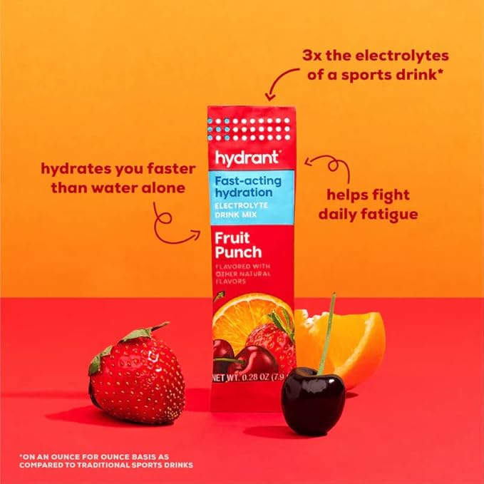 HYDRANT Hydrate, Individual Hydration Electrolyte Powder Stick Packets with No Artificial Sweeteners, Colors, or Fillers (Fruit Punch, 30 Pack)