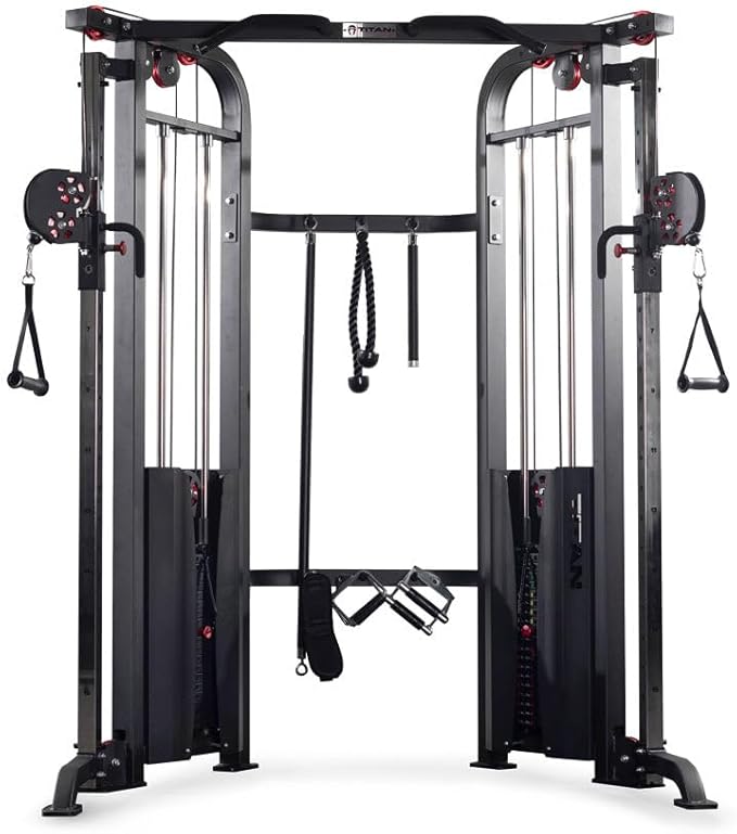 Titan Fitness Functional Trainer Cable Crossover Machine, 200 LB Double Weight Stack, 2:1 Cable Pull Station, Home Gym Workout Weight Training Machine with Attachments
