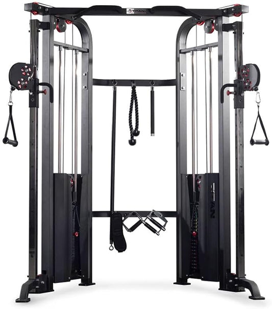 Titan Fitness Functional Trainer Cable Crossover Machine, 200 LB Double Weight Stack, 2:1 Cable Pull Station, Home Gym Workout Weight Training Machine with Attachments