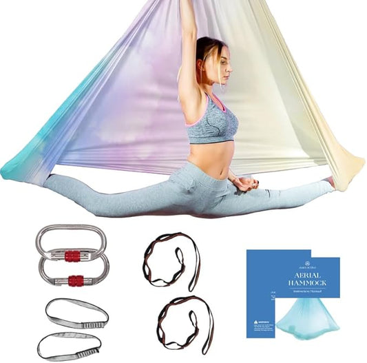 Aerial Silk Yoga Hammock & Swing for Home, Inversion Exercises, Starter Kit for All Levels - Durable with Extension Straps, Carabiners, and Pose Guide