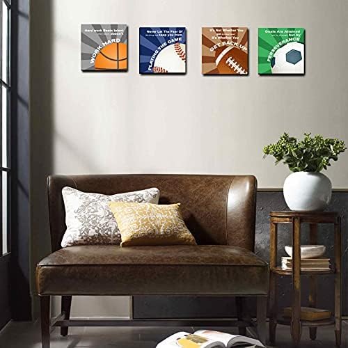 KaiLeFu-Colorful Sports Inspirational Quotes Framed Canvas Wall Art -Motivational Basketball Baseball Soccer Football Quotes Sport Art Wall Decor for Kids Boys Room Classroom -12"x12"x4pcs