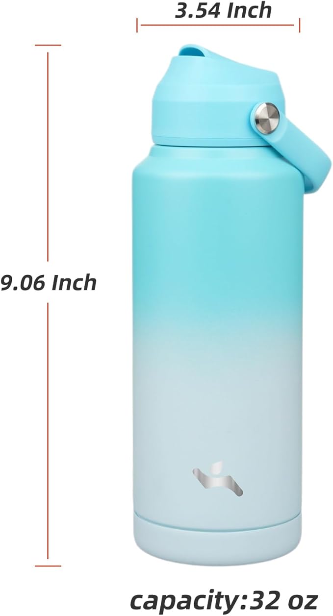 Insulated Water Bottle with Straw Lid,32 oz Stainless Steel Vacuum Metal Bottle with Silicone Handle,Sea Salt