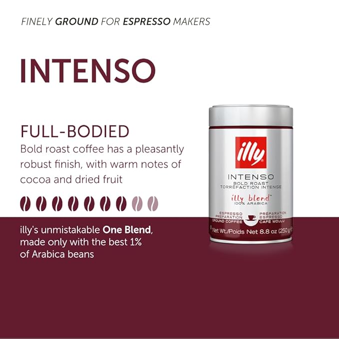 illy Ground Coffee Espresso - 100% Arabica Coffee Ground – Intenso Dark Roast – Warm Notes of Cocoa & Dried Fruit - Rich Aromatic Profile - Precise Roast - No Preservatives – 4.4 Ounce