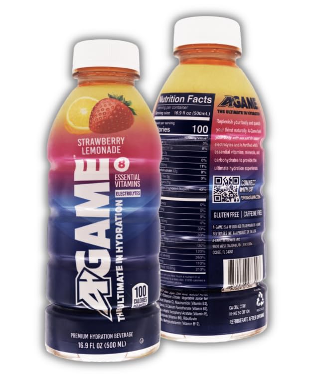 A-GAME Sports Drink, Strawberry Lemonade, The Ultimate Hydration Sports Beverage for Athletes, 8 Essential Vitamins including B, C, & E plus Natural Sea Salt Electrolytes, All Natural Flavors & Sweeteners, Gluten Free, 16.9 Fl Oz (Pack of 12)