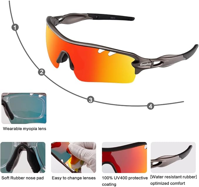 BangLong Polarized Sports Sunglasses Cycling Sun Glasses for Men Women with 5 Interchangeable Lenes for Running Baseball Golf