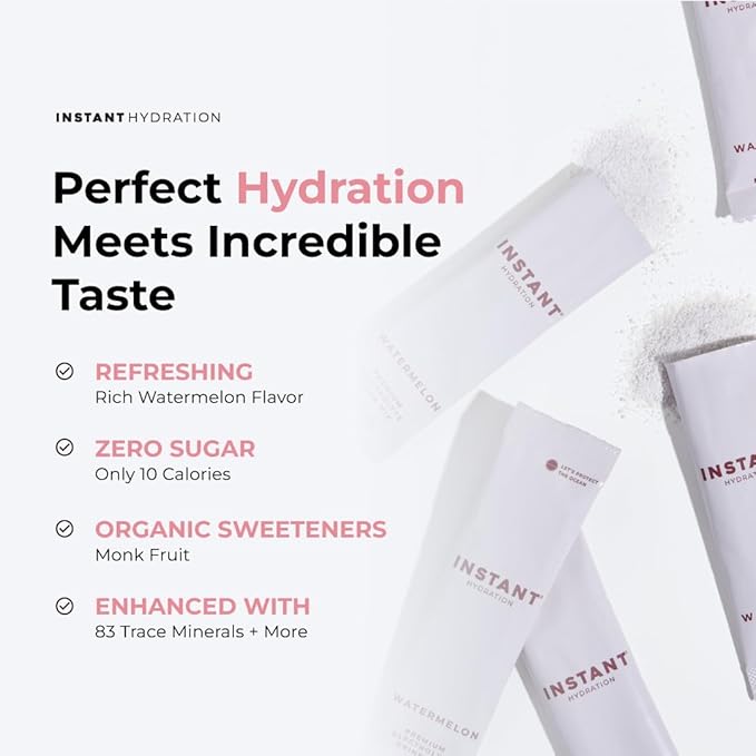 Instant Hydration Electrolytes Powder Packets - Watermelon Electrolyte Drink Mix - Zero Sugar - Keto, Vegan, Gluten-Free, Non-GMO - Boost Recovery, Brain Health, Muscle & Tissue Support- 30 Sticks