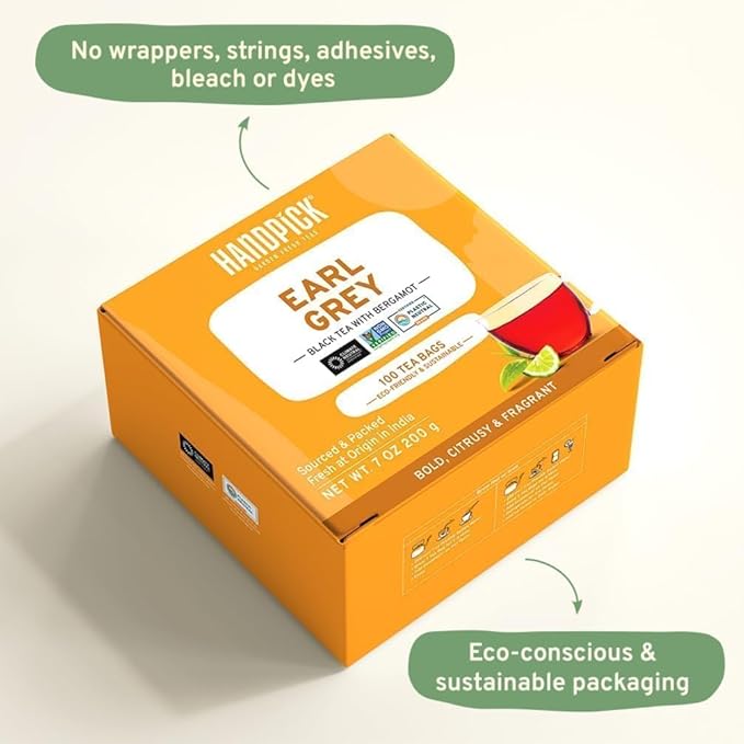 HANDPICK, Earl Grey Black Tea Bags (100 Count) Bergamot Oil | Caffeinated, Earl Grey Tea Bags | Flavoured With Citrus and Bergamot Brew Hot/Iced Tea with or without milk