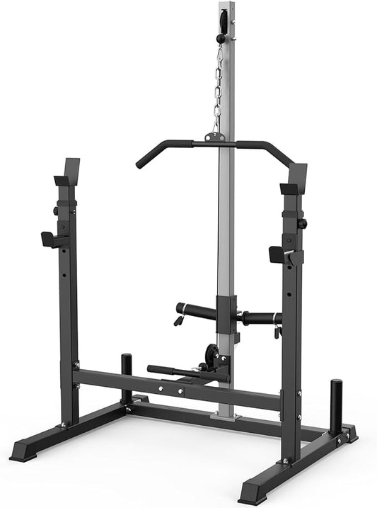 Power Rack with LAT Pulldown Pulley System Adjustable Multi-Functional Squat Rack, Power Cage with J-Hooks Home Gym