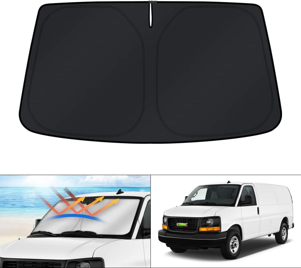 KUST Windshield Sun Shade for 1996-2024 GMC Savana Van Accessories, Passenger & Cargo Van Window Sunshade Sun Visor Protector Foldable Blocks UV Rays Keep Your Car Cooler
