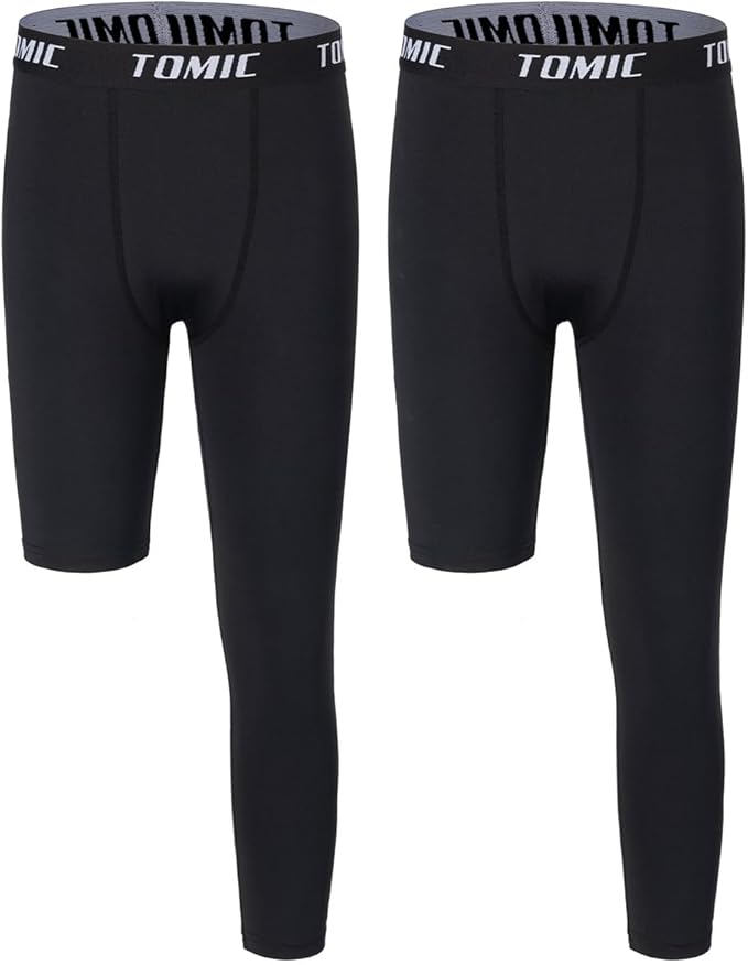 Tomic Youth Boys Kids One Leg 3/4 Leggings Compression Pants for Basketball Soccer Sports Athletic Training Tights Base Layer