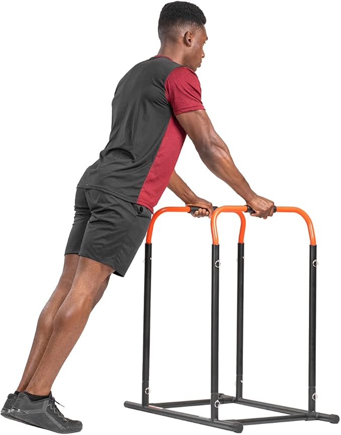 Sunny Health & Fitness Power Tower, Dip Bar, Push-Up & Pull Up Assisting Parallette Station w Optional Rock Climbing Grip Trainer