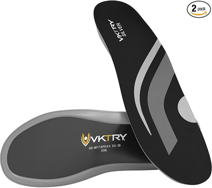 VKTRY Silver Performance Insoles, Carbon Fiber Composite Inserts for Everyday & Active Lifestyle - Lightweight, Comfortable, Structured Arch Support, Shock Absorption, Energy-Return, Anti-Fatigue