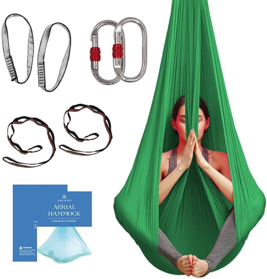 Aerial Silk Yoga Hammock & Swing for Home, Inversion Exercises, Starter Kit for All Levels - Durable with Extension Straps, Carabiners, and Pose Guide