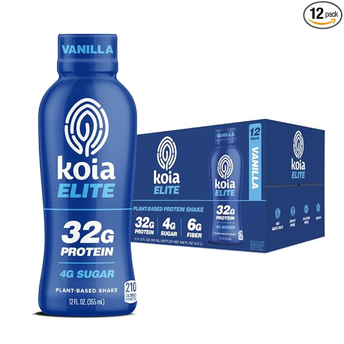 Koia Elite Plant Based Protein Shake, Vanilla, 32g Protein, 4g Sugar, 6g Prebiotic Fiber, Pre & Post Workout Nutritional Drink, No Seed Oils, Dairy-Free, Gluten-Free, Non-GMO, 12 Fl Oz (Pack of 12)