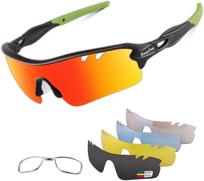 BangLong Polarized Sports Sunglasses Cycling Sun Glasses for Men Women with 5 Interchangeable Lenes for Running Baseball Golf