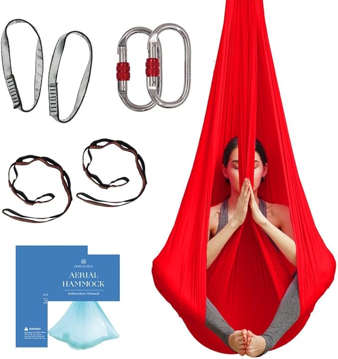 Aerial Silk Yoga Hammock & Swing for Home, Inversion Exercises, Starter Kit for All Levels - Durable with Extension Straps, Carabiners, and Pose Guide