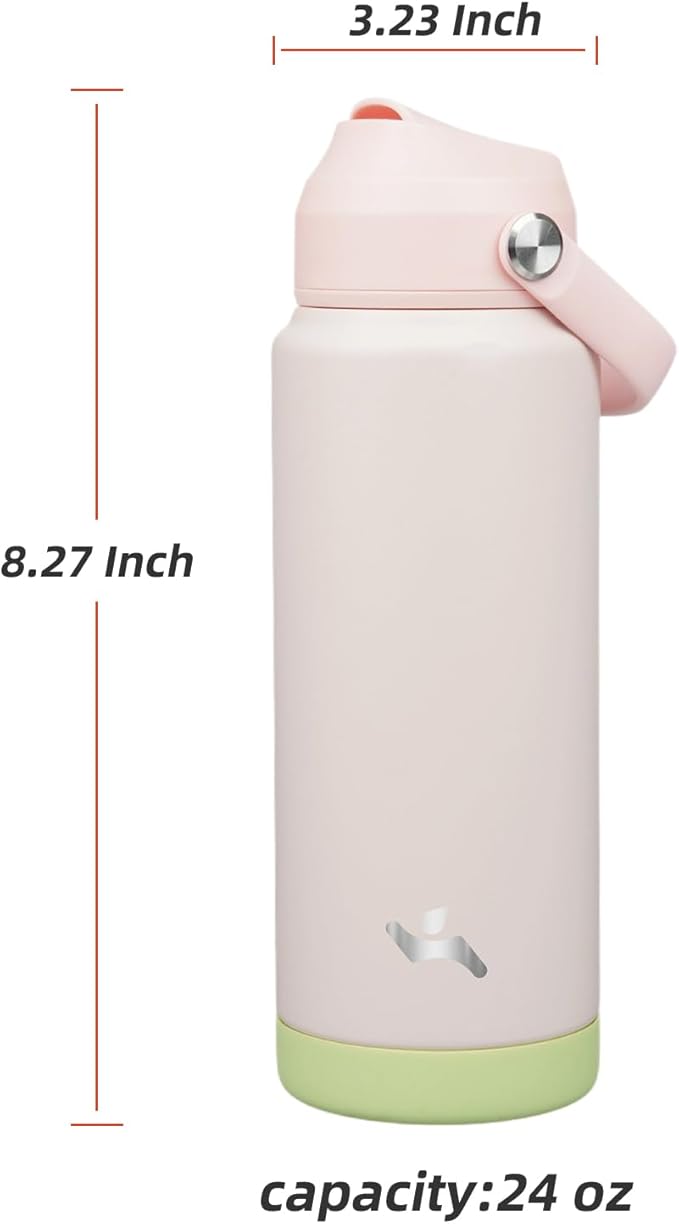 Insulated Water Bottle with Straw Lid,24 oz Stainless Steel Vacuum Metal Bottle with Silicone Handle,Pearl