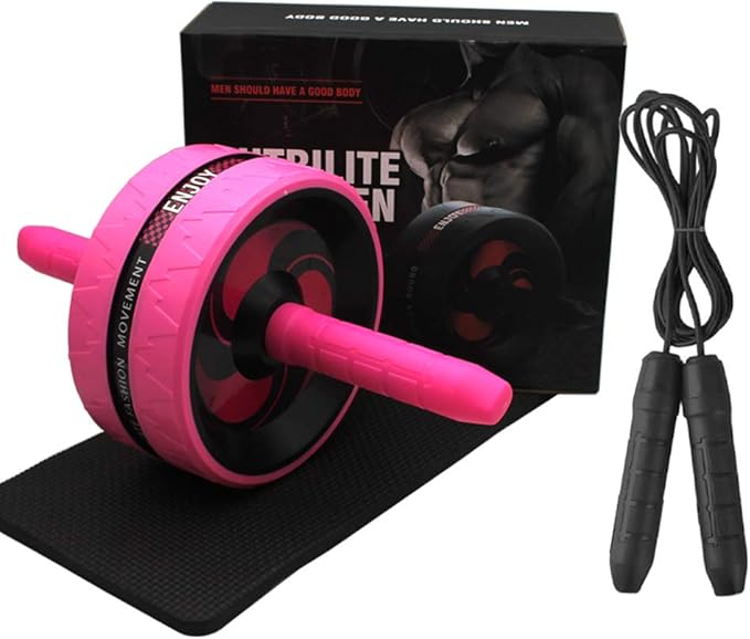 BiJun Ab Roller Wheel for Abs Workout - Complete Home Gym Set with AB Wheel Roller, Knee Mat, and Jump Rope (Pink)
