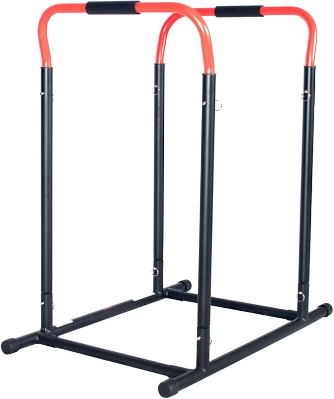 Sunny Health & Fitness Power Tower, Dip Bar, Push-Up & Pull Up Assisting Parallette Station w Optional Rock Climbing Grip Trainer