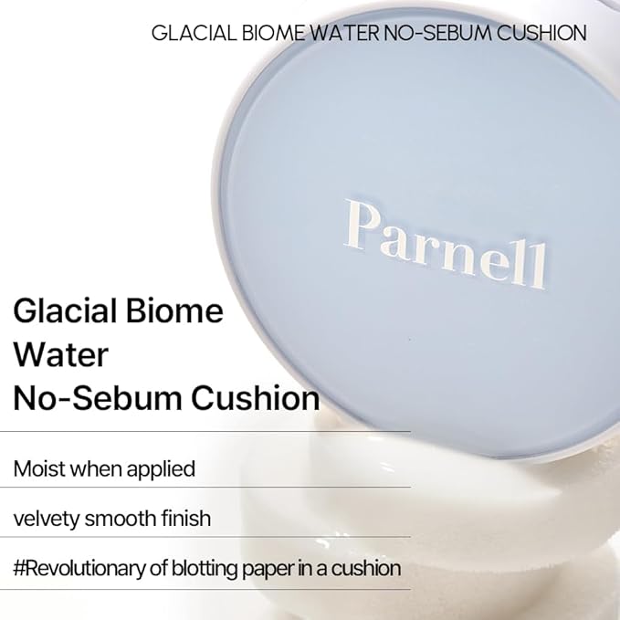 Parnell Glacial Biome Water No-Sebum Cushion 0.35 Fl Oz / 10g | Hydrating & Oil-Control Cushion with Hyaluronic Acid, Mineral Water, and Collagen | Cooling Powder Formula | K-beauty