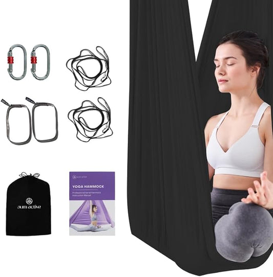 Aerial Silk Yoga Hammock & Swing for Home, Inversion Exercises, Starter Kit for All Levels - Durable with Extension Straps, Carabiners, and Pose Guide