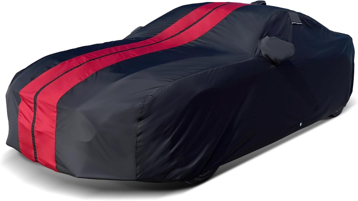 iCarCover Custom Car Cover for Pontiac Sunfire Sedan, Convertible (1995-2002) Waterproof All-Weather Rain Snow UV Sun Protector Full Exterior Indoor Outdoor Car Cover (Stripe - Black/Red)