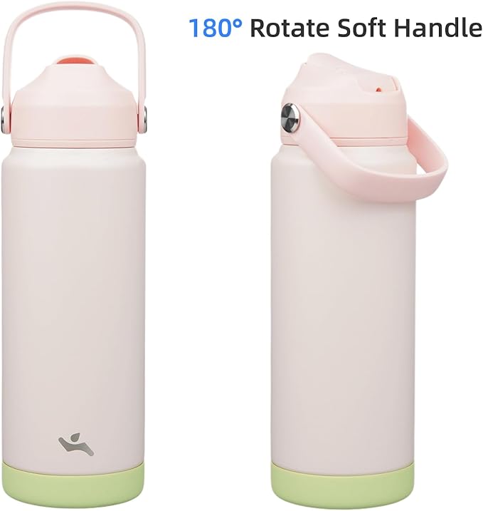 Insulated Water Bottle with Straw Lid,24 oz Stainless Steel Vacuum Metal Bottle with Silicone Handle,Pearl