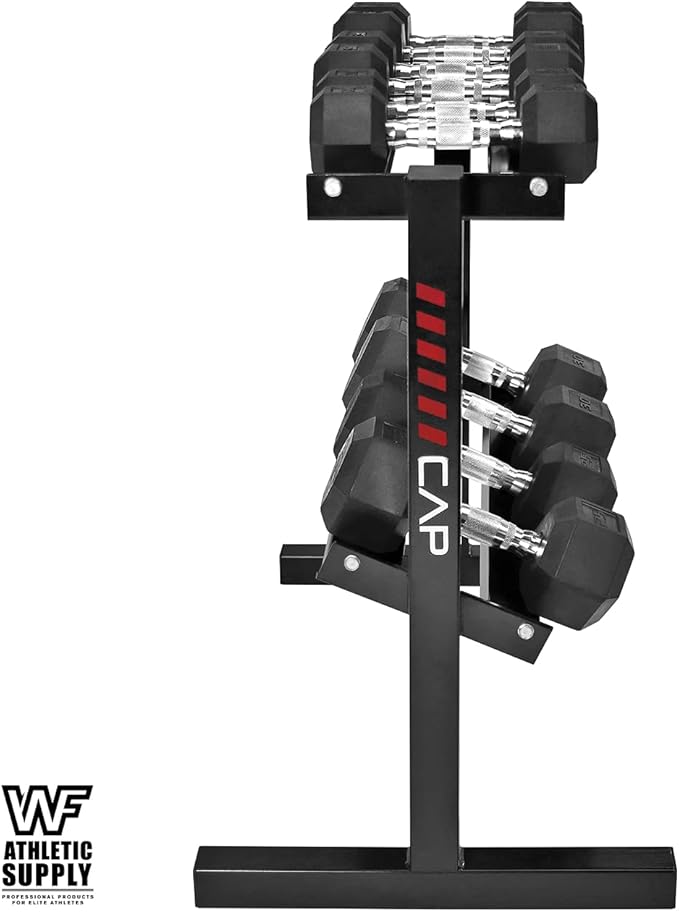 WF Athletic Supply Rubber Coated Hex Dumbbell Set with Two Tier Premium Storage Rack Built for Strength Building, Weight Loss & Home Gym – Multiple Sets Available