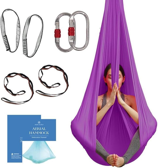 Aerial Silk Yoga Hammock & Swing for Home, Inversion Exercises, Starter Kit for All Levels - Durable with Extension Straps, Carabiners, and Pose Guide