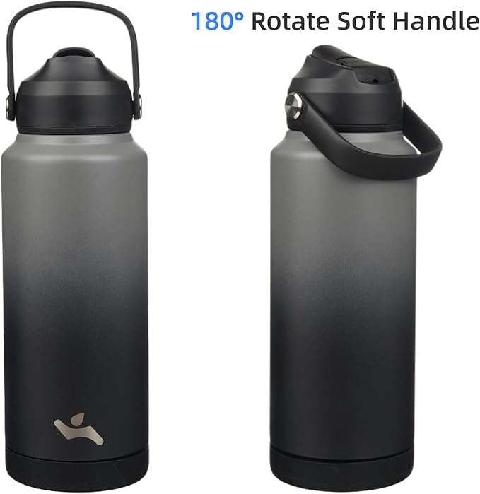 Insulated Water Bottle with Straw Lid,32 oz Stainless Steel Vacuum Metal Bottle with Silicone Handle,Gray Black