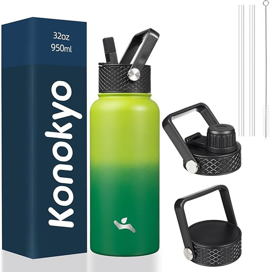 32 oz Insulated Water Bottle Stainless Steel Sport Bottles with 3 Lids,Bamboo Grove