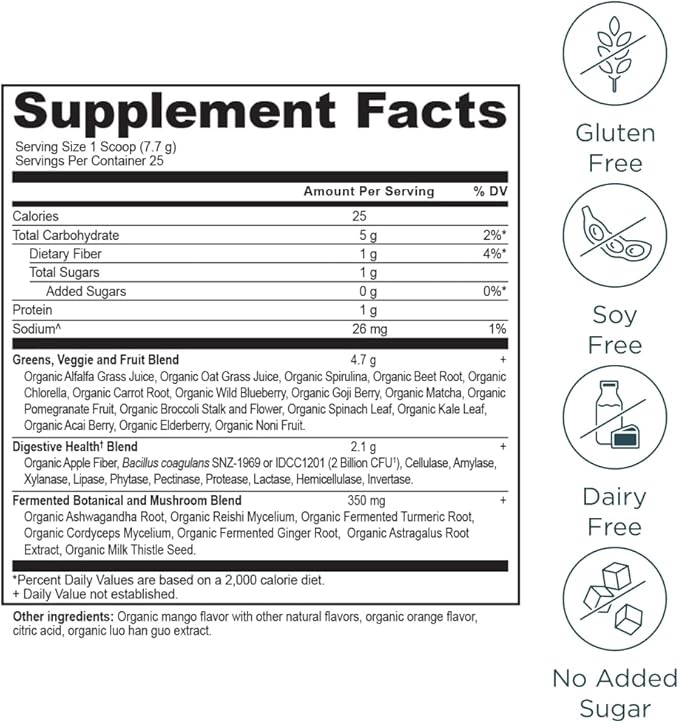 Ancient Nutrition SuperGreens Powder with Probiotics, Organic Mango Flavor Greens, Made from Real Fruits, Vegetables and Herbs, Digestive and Energy Support, 25 Servings, 6.8oz