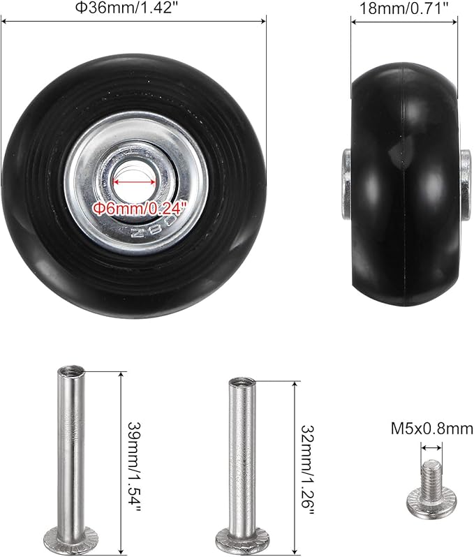 uxcell Replacement Luggage Wheels 40x18mm Suitcase Wheel Repair Kits Include 2 PU Bearing Wheels & Washers, Wrenches & Axle Screw for Trolley Bag, Inline Skate and Caster Board