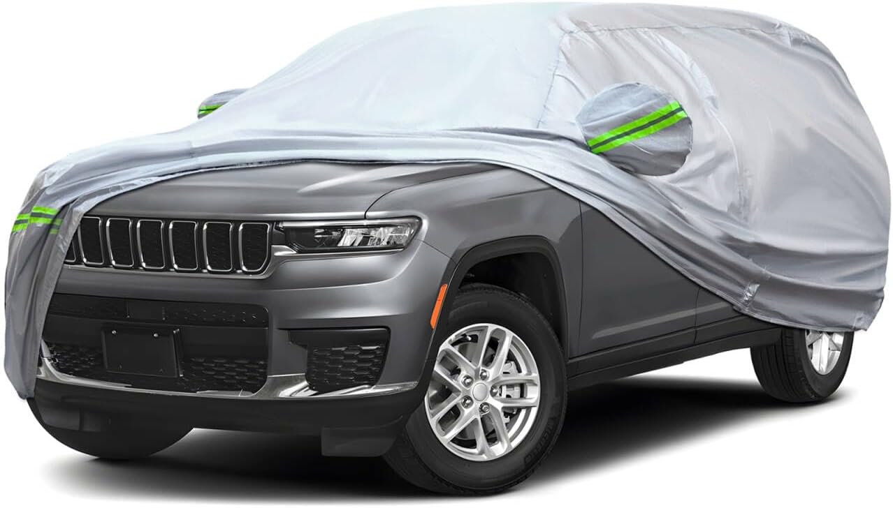 KEYOOG 6-Layer Full Car Cover is All-Weather Waterproof, Universal in All Seasons, Snow Prevention, Rainproof, Acid Rainproof, Sunscreen, Ultraviolet-Proof, Fit SUV 214"-236" Green Reflective Strip